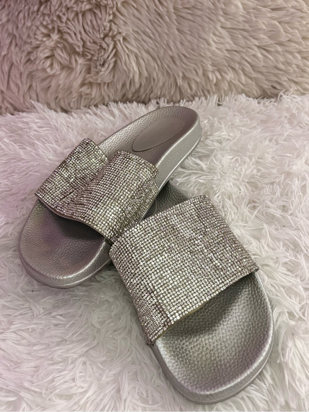 Fashion Nova Silver Crystal Slide Sandals - Women